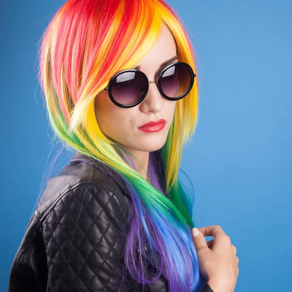 Beautiful Young Woman Wearing Color Wig Sunglasses Blue Background — Stock Photo, Image