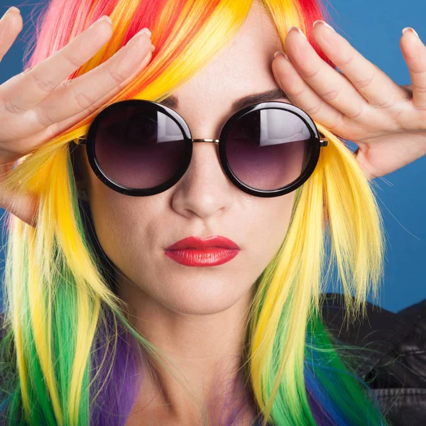 Beautiful Young Woman Wearing Color Wig Sunglasses Blue Background — Stock Photo, Image