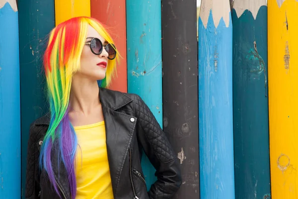 Beautiful Young Woman Wearing Color Wig Sunglasses — Stock Photo, Image