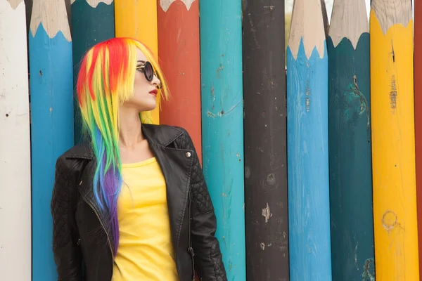 Beautiful Young Woman Wearing Color Wig Sunglasses — Stock Photo, Image