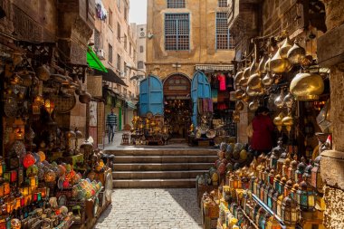 Cairo, Egypt - Feb 19 2018: Lamp or Lantern Shop in the Khan El Khalili market in Islamic Cairo clipart