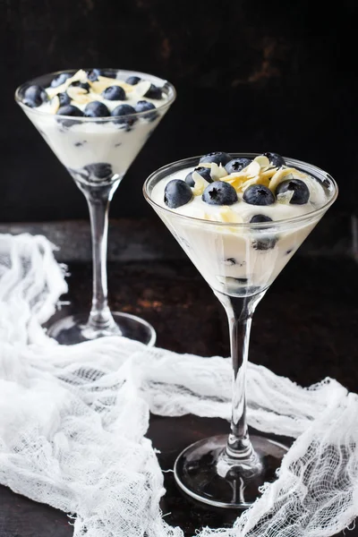 Hausgemachter Joghurt mit Müsli und Blaubeeren im Martini-Glas — Stockfoto