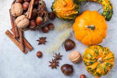 Kabak fındık kestane ile sonbahar sonbahar Cadılar Bayramı natürmort kompozisyon