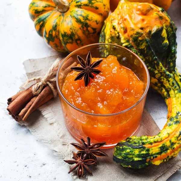 Autumn seasonal homemade pumpkin jam with spices in glass