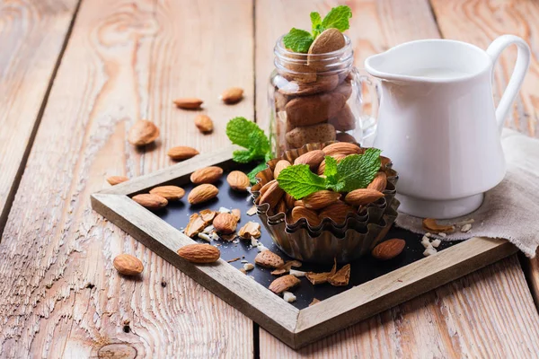 Almond milk with ingredients for healthy breakfast — Stock Photo, Image