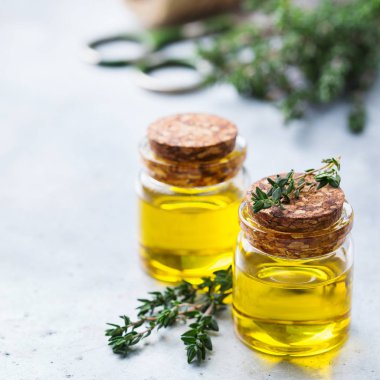 Yeşil yaprakları ile organik temel kekik yağı