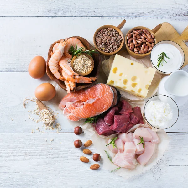 Ποικιλία από πηγή πρωτεΐνης υγιής και σώμα κτίριο τροφίμων — Φωτογραφία Αρχείου