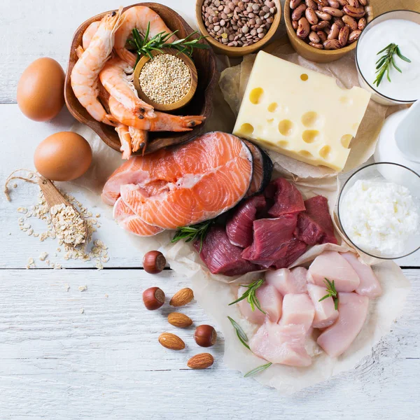 Assortment of healthy protein source and body building food — Stock Photo, Image