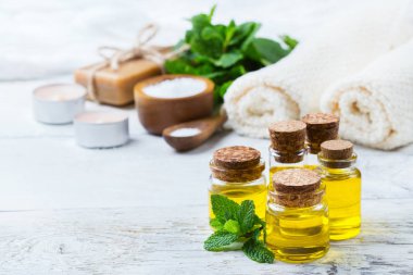 Organik uçucu yağ ile yeşil nane yaprakları, spa konsept