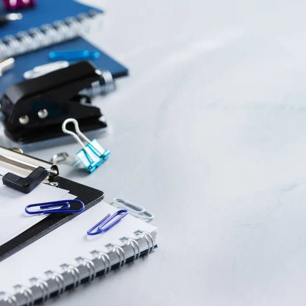 Assortment of school business supplies, crayons, pens — Stock Photo, Image