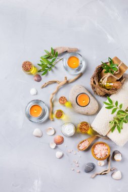 Spa sağlık ayarı kavramı, uçucu yağ sabun krema ile arka plan