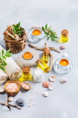 Spa sağlık ayarı kavramı, uçucu yağ sabun krema ile arka plan