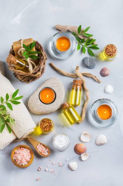 Spa sağlık ayarı kavramı, uçucu yağ sabun krema ile arka plan