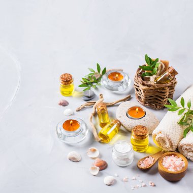 Spa sağlık ayarı kavramı, uçucu yağ sabun krema ile arka plan