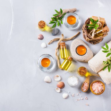 Spa sağlık ayarı kavramı, uçucu yağ sabun krema ile arka plan