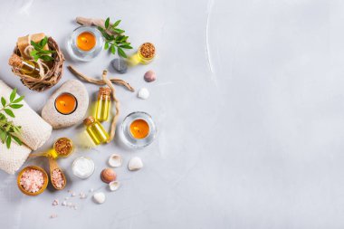 Spa sağlık ayarı kavramı, uçucu yağ sabun krema ile arka plan