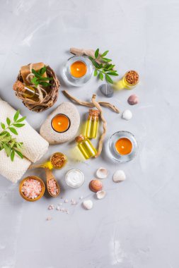 Spa sağlık ayarı kavramı, uçucu yağ sabun krema ile arka plan