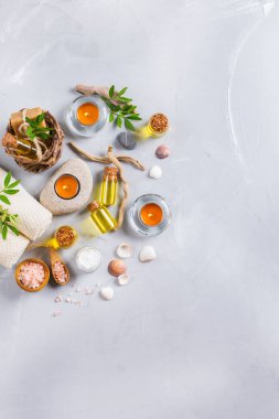 Spa sağlık ayarı kavramı, uçucu yağ sabun krema ile arka plan