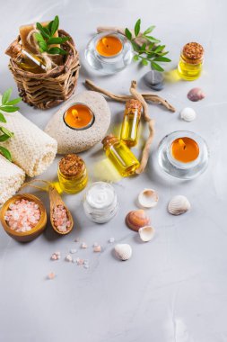 Spa sağlık ayarı kavramı, uçucu yağ sabun krema ile arka plan