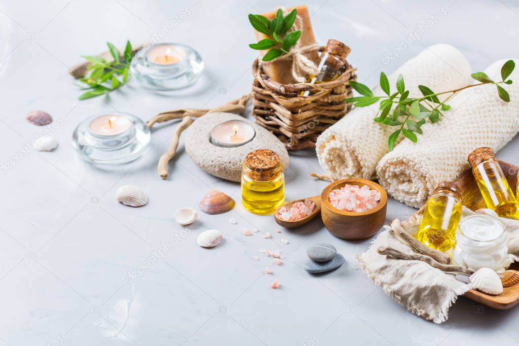 Spa wellness setting concept, background with essential oil soap cream