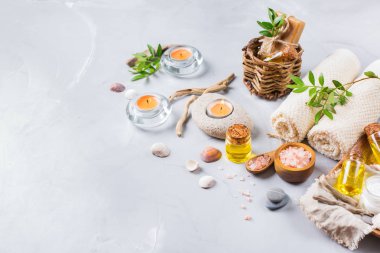 Spa sağlık ayarı kavramı, uçucu yağ sabun krema ile arka plan