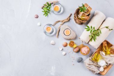 Spa sağlık ayarı kavramı, uçucu yağ sabun krema ile arka plan