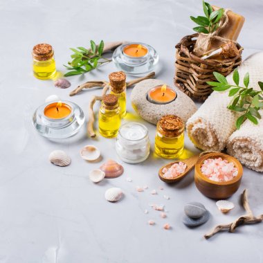 Spa sağlık ayarı kavramı, uçucu yağ sabun krema ile arka plan