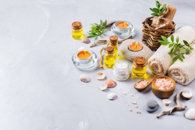 Spa sağlık ayarı kavramı, uçucu yağ sabun krema ile arka plan