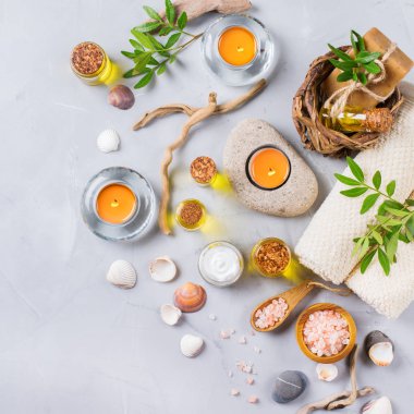 Spa sağlık ayarı kavramı, uçucu yağ sabun krema ile arka plan