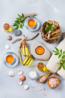 Spa sağlık ayarı kavramı, uçucu yağ sabun krema ile arka plan