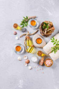 Spa sağlık ayarı kavramı, uçucu yağ sabun krema ile arka plan