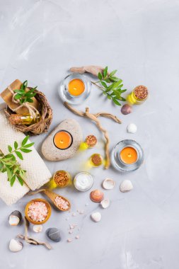 Spa sağlık ayarı kavramı, uçucu yağ sabun krema ile arka plan