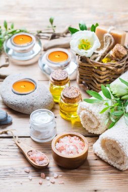 Spa sağlık ayarı kavramı, uçucu yağ sabun krema ile arka plan