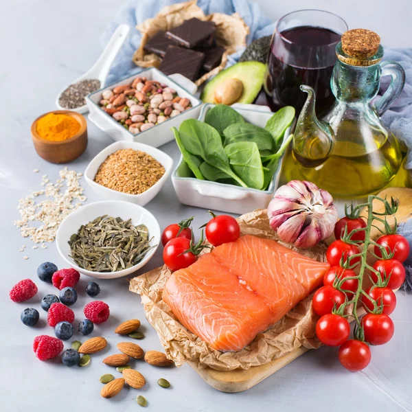 Sortimento de alimentos saudáveis colesterol baixo — Fotografia de Stock