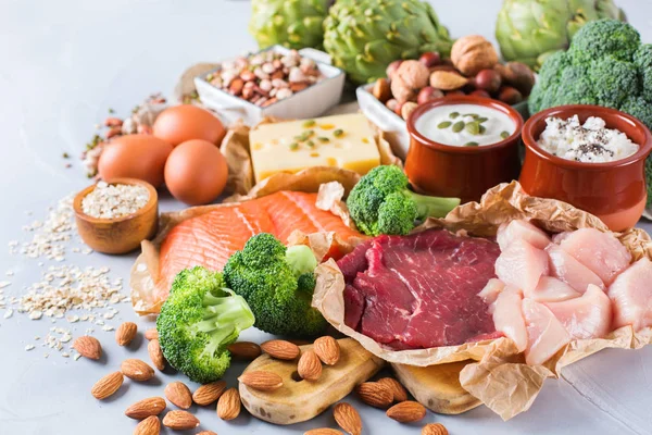 Assortment of healthy protein source and body building food — Stock Photo, Image