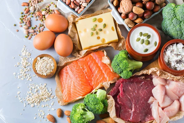 Assortment of healthy protein source and body building food — Stock Photo, Image