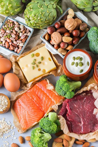 Ассортимент здоровых источников белка и пищевых продуктов для тела — стоковое фото