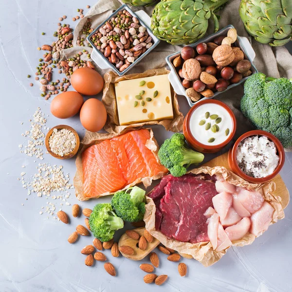 Assortment of healthy protein source and body building food — Stock Photo, Image