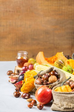 Sonbahar sonbahar hasat arka plan Kabak elma kestane Mısır ile