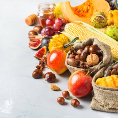 Sonbahar sonbahar hasat arka plan Kabak elma kestane Mısır ile