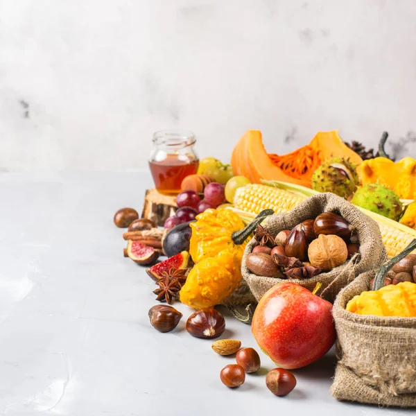 Осенний сбор урожая с тыквенной яблочной кукурузой — стоковое фото