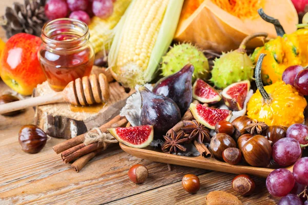 Sonbahar sonbahar hasat arka plan Kabak elma kestane Mısır ile