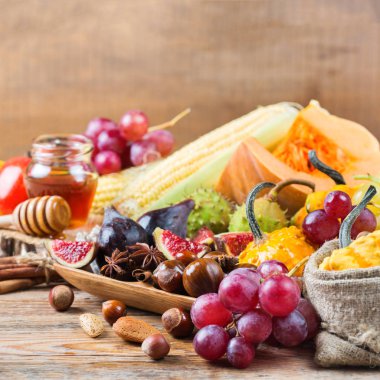 Sonbahar sonbahar hasat arka plan Kabak elma kestane Mısır ile