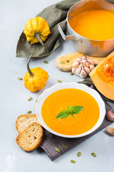 Fall autumn roasted orange pumpkin carrot soup with garlic — Stock Photo, Image