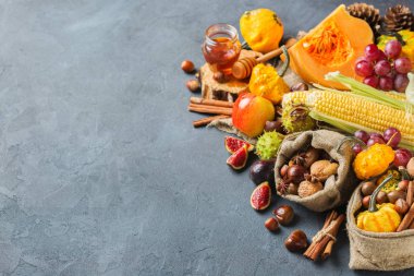 Sonbahar sonbahar Şükran günü arka plan ile Kabak elma kestane mısır hasat