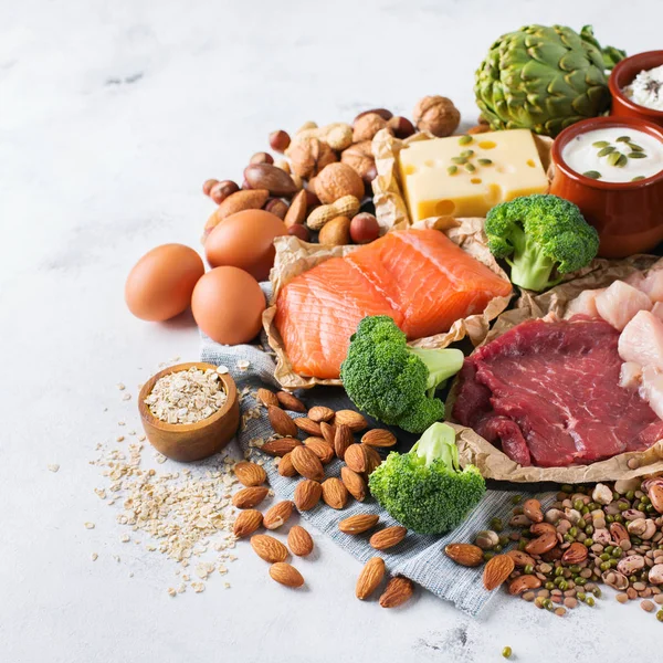 Assortment of healthy protein source and body building food — Stock Photo, Image