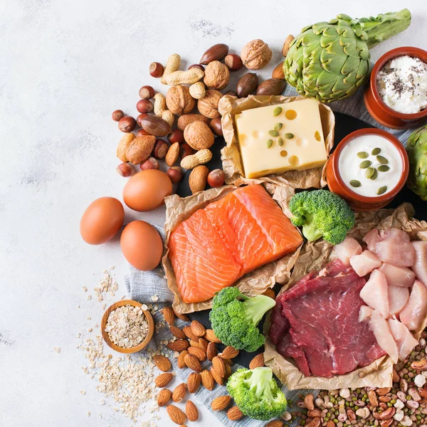 Assortment of healthy protein source and body building food — Stock Photo, Image