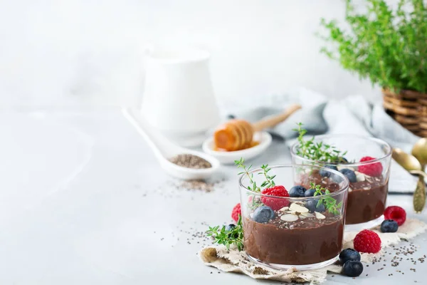 Healthy vegan chocolate chia pudding with berries and green thyme — Stock Photo, Image