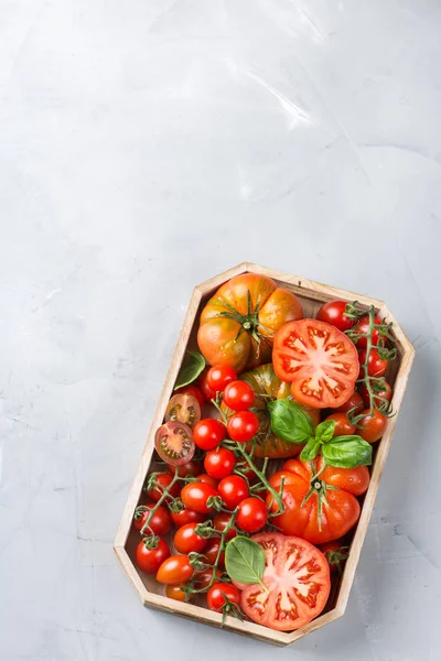 Assortiment van rijpe biologische boer rode tomaten op een tafel — Stockfoto