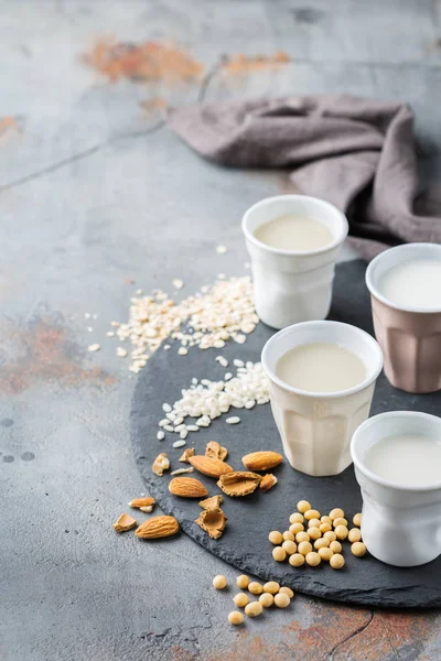 食品和饮料 饮食和营养的概念 从坚果 大豆在厨房餐桌上的玻璃杯中有机素食非日记牛奶的分类 — 图库照片